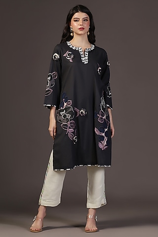 Black Cotton Voile Floral Printed & Embroidered Kurta Set by Two Sisters By Gyans