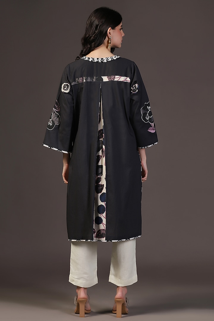 Black Cotton Voile Floral Printed & Embroidered Kurta Set by Two Sisters By Gyans at Pernia's Pop Up Shop