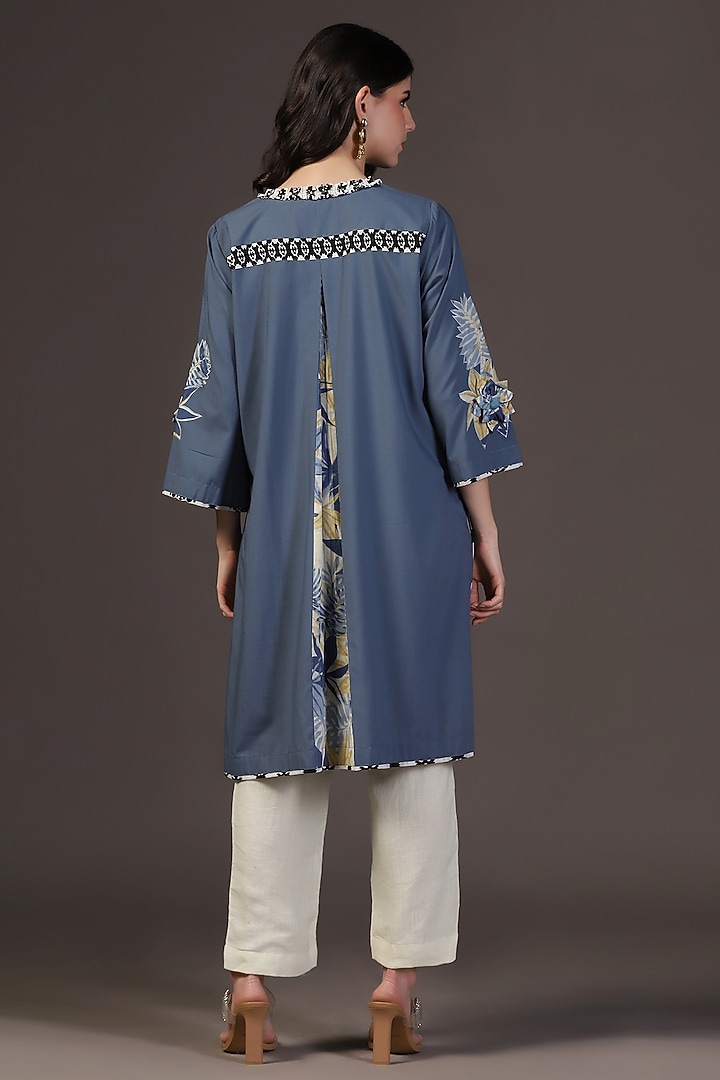 Blue Cotton Voile Floral Printed & Embroidered Kurta Set by Two Sisters By Gyans at Pernia's Pop Up Shop