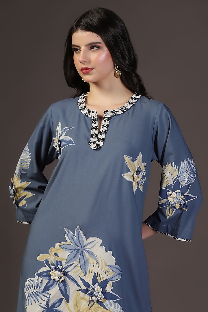 Blue Cotton Voile Floral Printed & Embroidered Kurta Set by Two Sisters By Gyans at Pernia's Pop Up Shop