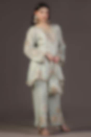 Mystic Green Tissue Zari Hand Embroidered Kurta Set by Two Sisters By Gyans at Pernia's Pop Up Shop