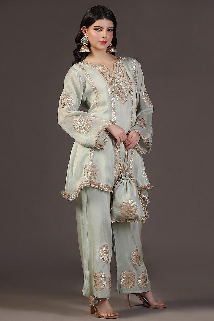 Mystic Green Tissue Zari Hand Embroidered Kurta Set by Two Sisters By Gyans at Pernia's Pop Up Shop