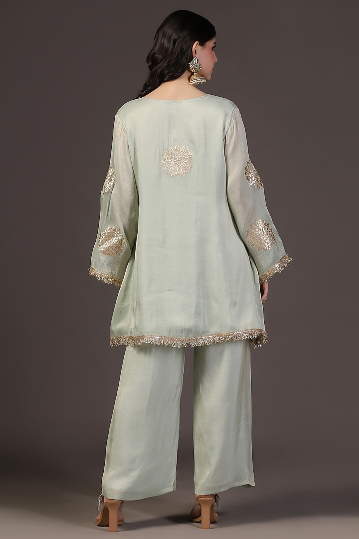 Mystic Green Tissue Zari Hand Embroidered Kurta Set by Two Sisters By Gyans at Pernia's Pop Up Shop