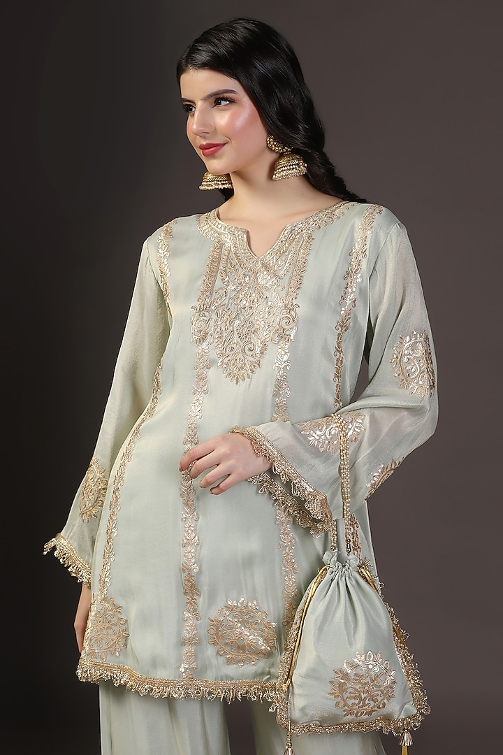 Mystic Green Tissue Zari Hand Embroidered Kurta Set by Two Sisters By Gyans at Pernia's Pop Up Shop