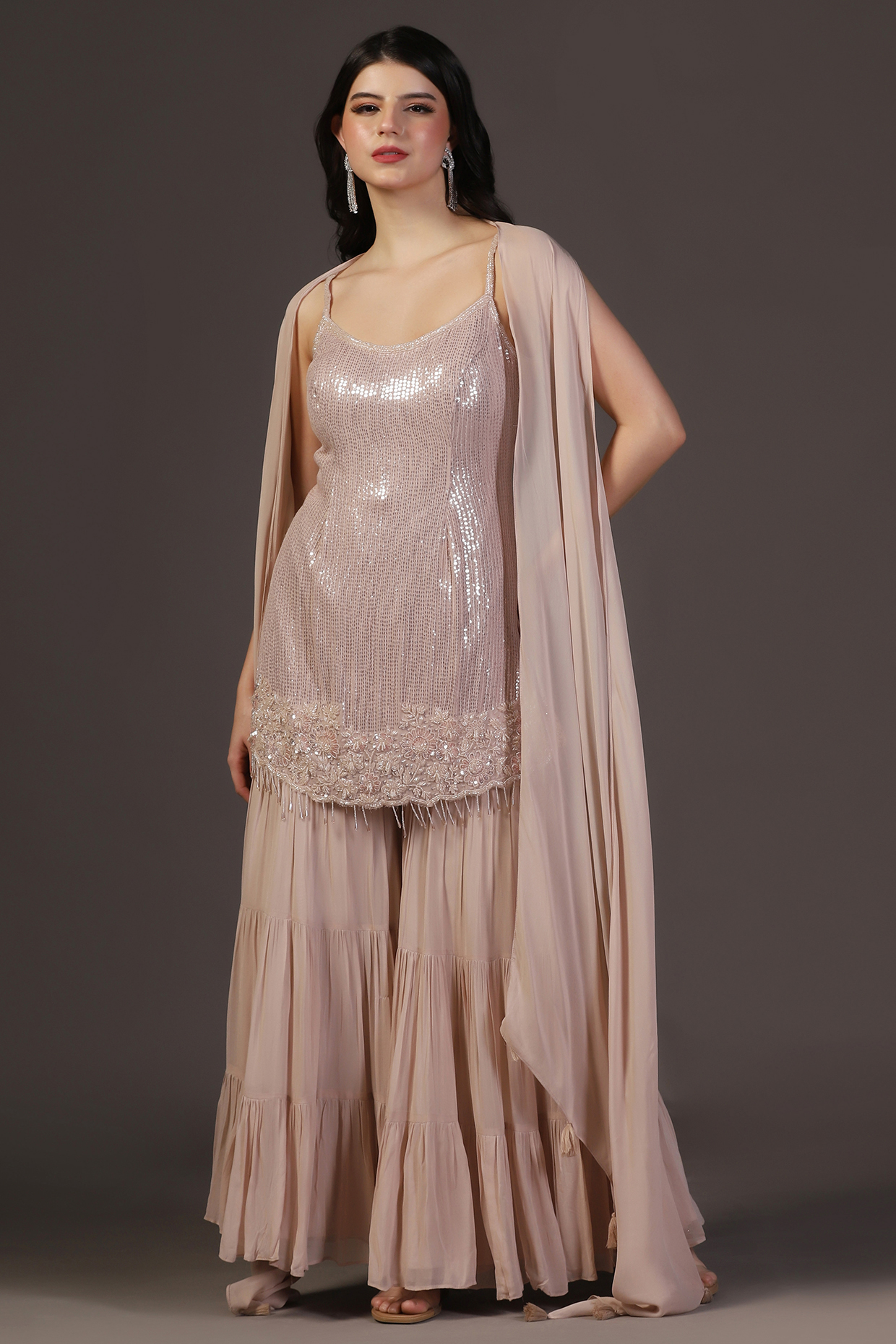 Dusky Peach Georgette Sequins Hand Embroidered Gharara Set by Two Sisters By Gyans at Pernia's Pop Up Shop