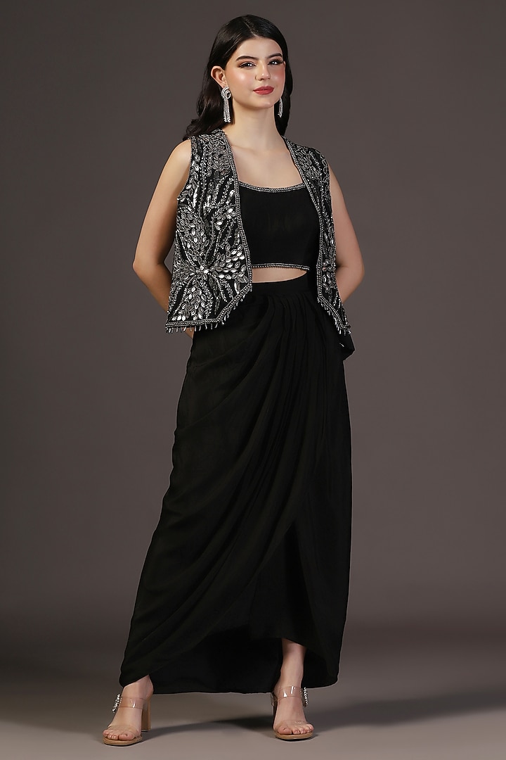 Black Georgette Hand Embroidered Draped Skirt Set by Two Sisters By Gyans at Pernia's Pop Up Shop