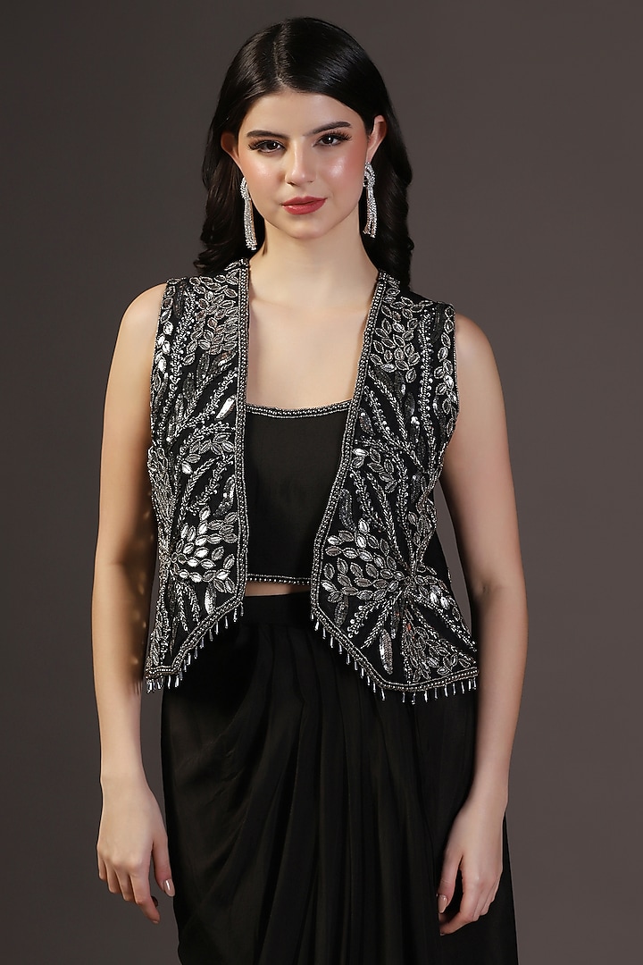 Black Georgette Hand Embroidered Draped Skirt Set by Two Sisters By Gyans at Pernia's Pop Up Shop