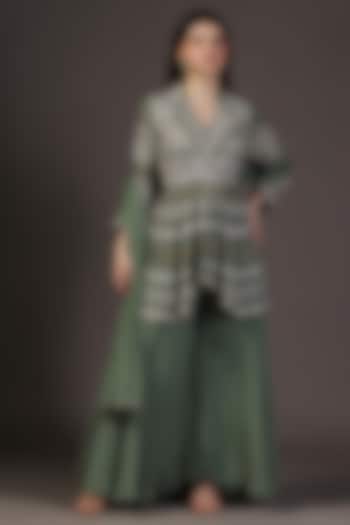 Sage Green Georgette Hand Embroidered Wedding Sharara Set by Two Sisters By Gyans at Pernia's Pop Up Shop