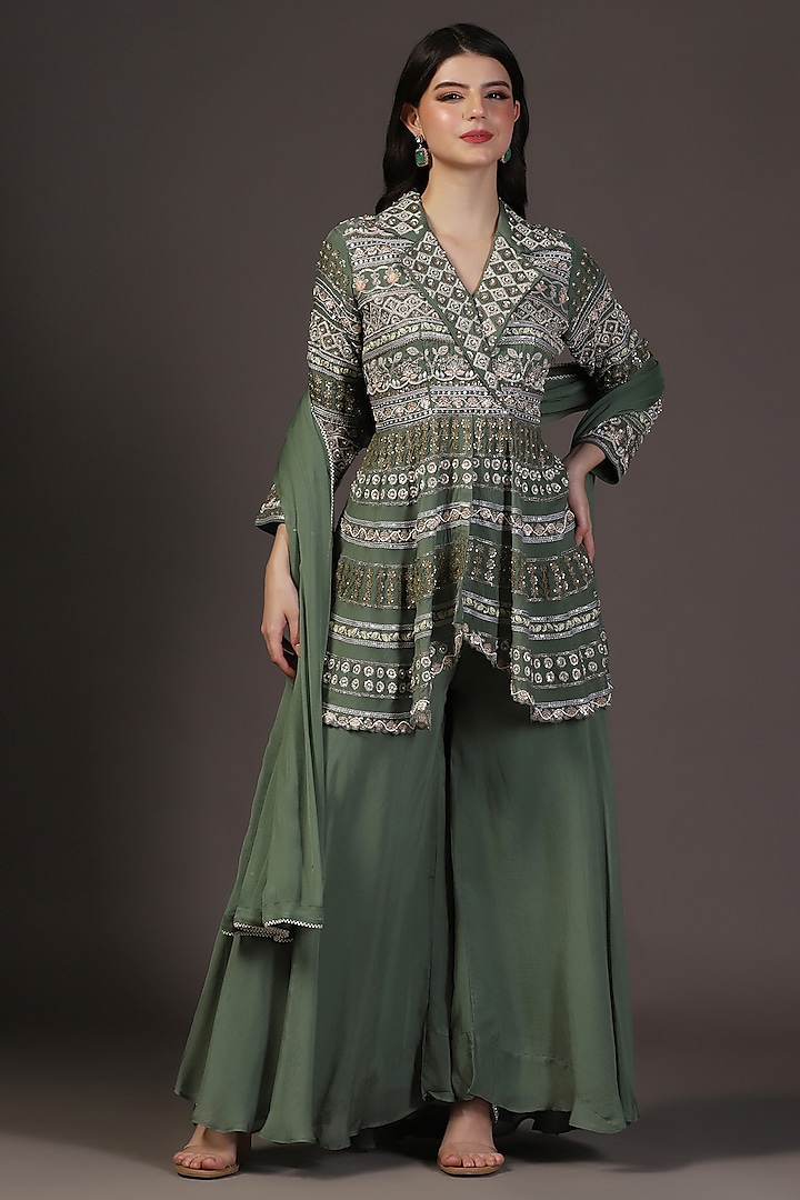 Sage Green Georgette Hand Embroidered Wedding Sharara Set by Two Sisters By Gyans at Pernia's Pop Up Shop