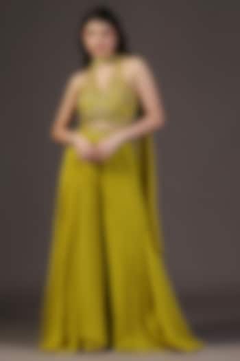 Olive Green Crepe Sequins Hand Embroidered Wedding Sharara Set by Two Sisters By Gyans at Pernia's Pop Up Shop