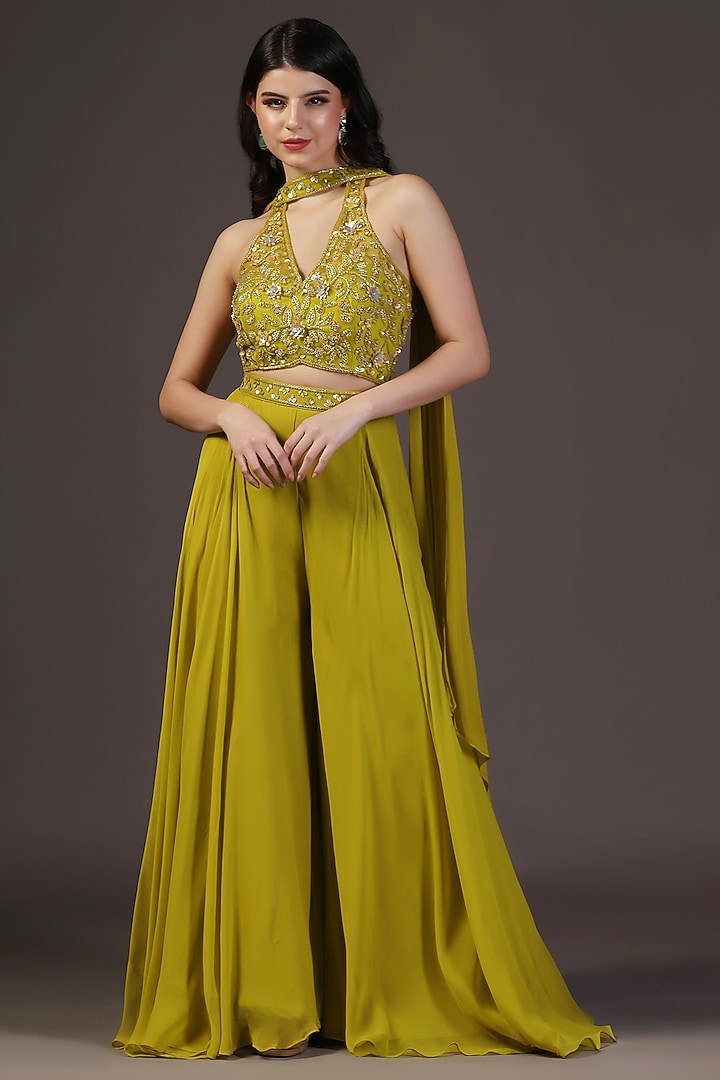 Olive Green Crepe Sequins Hand Embroidered Wedding Sharara Set by Two Sisters By Gyans at Pernia's Pop Up Shop