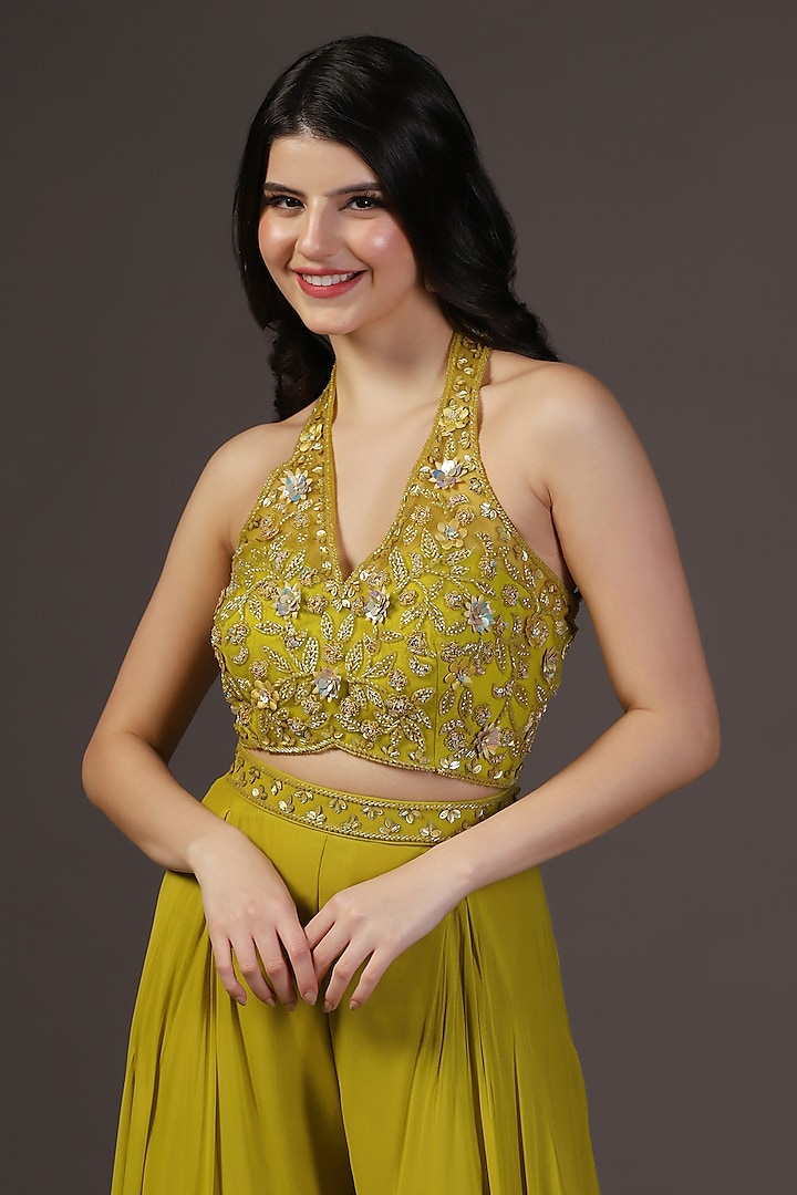 Olive Green Crepe Sequins Hand Embroidered Wedding Sharara Set by Two Sisters By Gyans at Pernia's Pop Up Shop