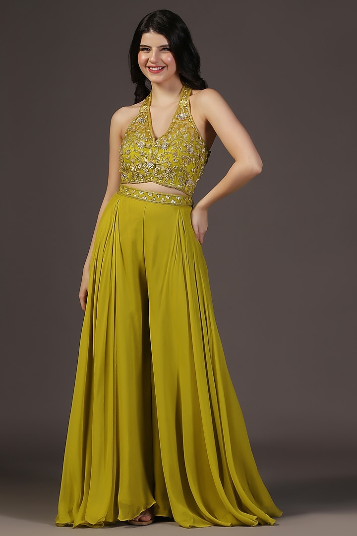 Olive Green Crepe Sequins Hand Embroidered Wedding Sharara Set by Two Sisters By Gyans at Pernia's Pop Up Shop
