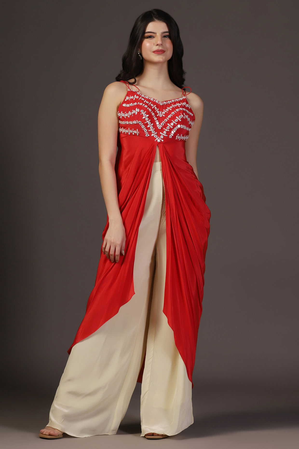 Red Crepe Mirror Hand Embroidered Draped Tunic Set by Two Sisters By Gyans at Pernia's Pop Up Shop