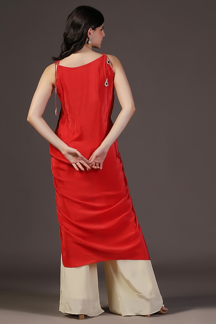 Red Crepe Mirror Hand Embroidered Draped Tunic Set by Two Sisters By Gyans at Pernia's Pop Up Shop
