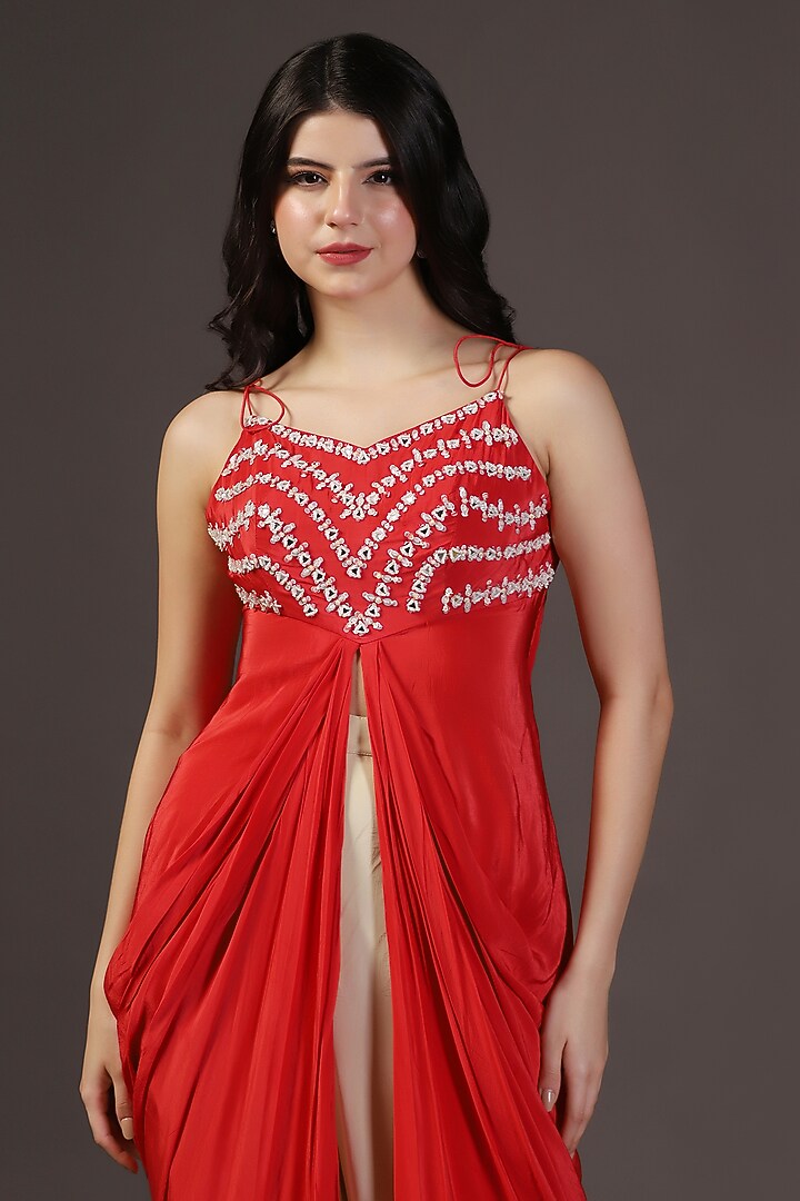 Red Crepe Mirror Hand Embroidered Draped Tunic Set by Two Sisters By Gyans at Pernia's Pop Up Shop