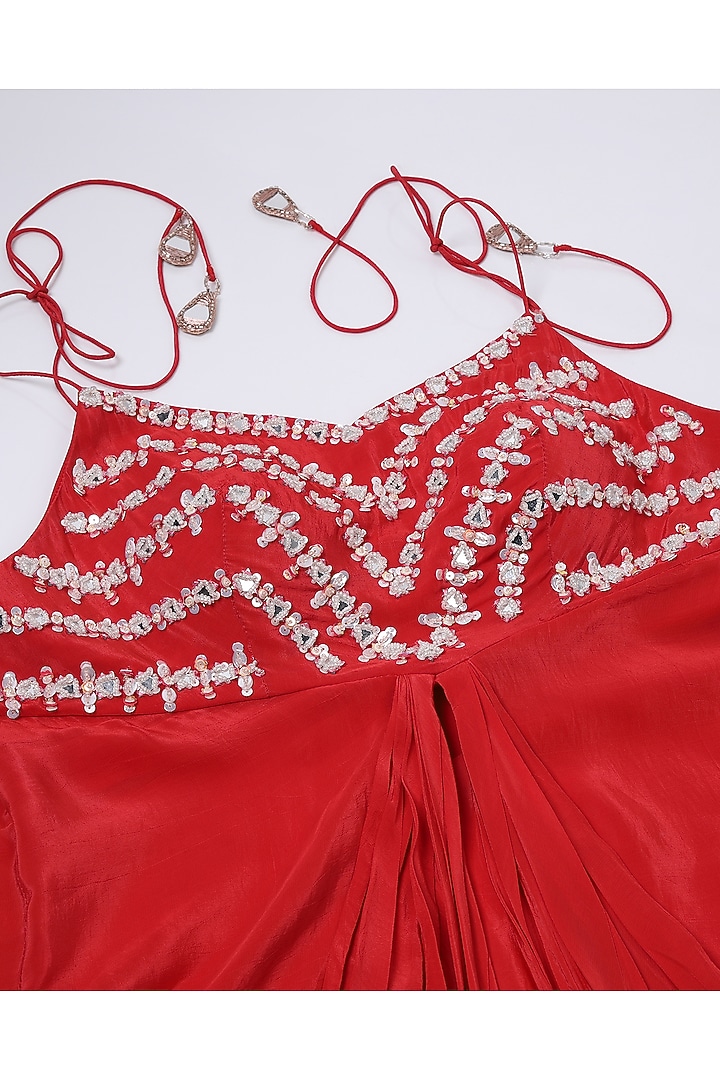 Red Crepe Mirror Hand Embroidered Draped Tunic Set by Two Sisters By Gyans at Pernia's Pop Up Shop