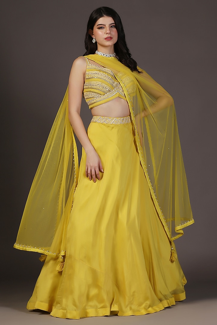 Yellow Crepe Hand Embroidered Wedding Lehenga Set by Two Sisters By Gyans at Pernia's Pop Up Shop