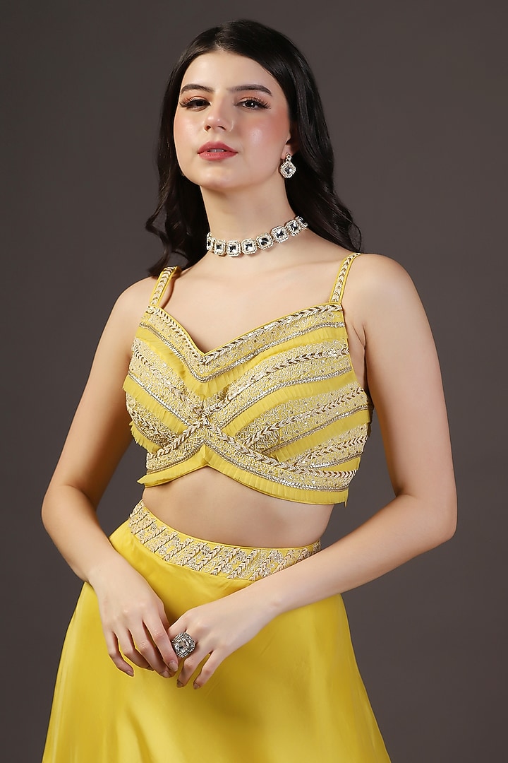 Yellow Crepe Hand Embroidered Wedding Lehenga Set by Two Sisters By Gyans at Pernia's Pop Up Shop