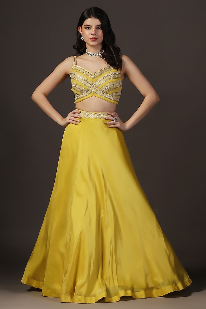 Yellow Crepe Hand Embroidered Wedding Lehenga Set by Two Sisters By Gyans at Pernia's Pop Up Shop