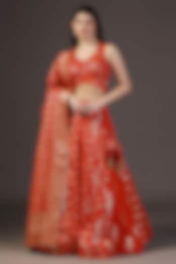 Burnt Orange Silk Sequins Hand Embroidered Banarasi Lehenga Set by Two Sisters By Gyans at Pernia's Pop Up Shop