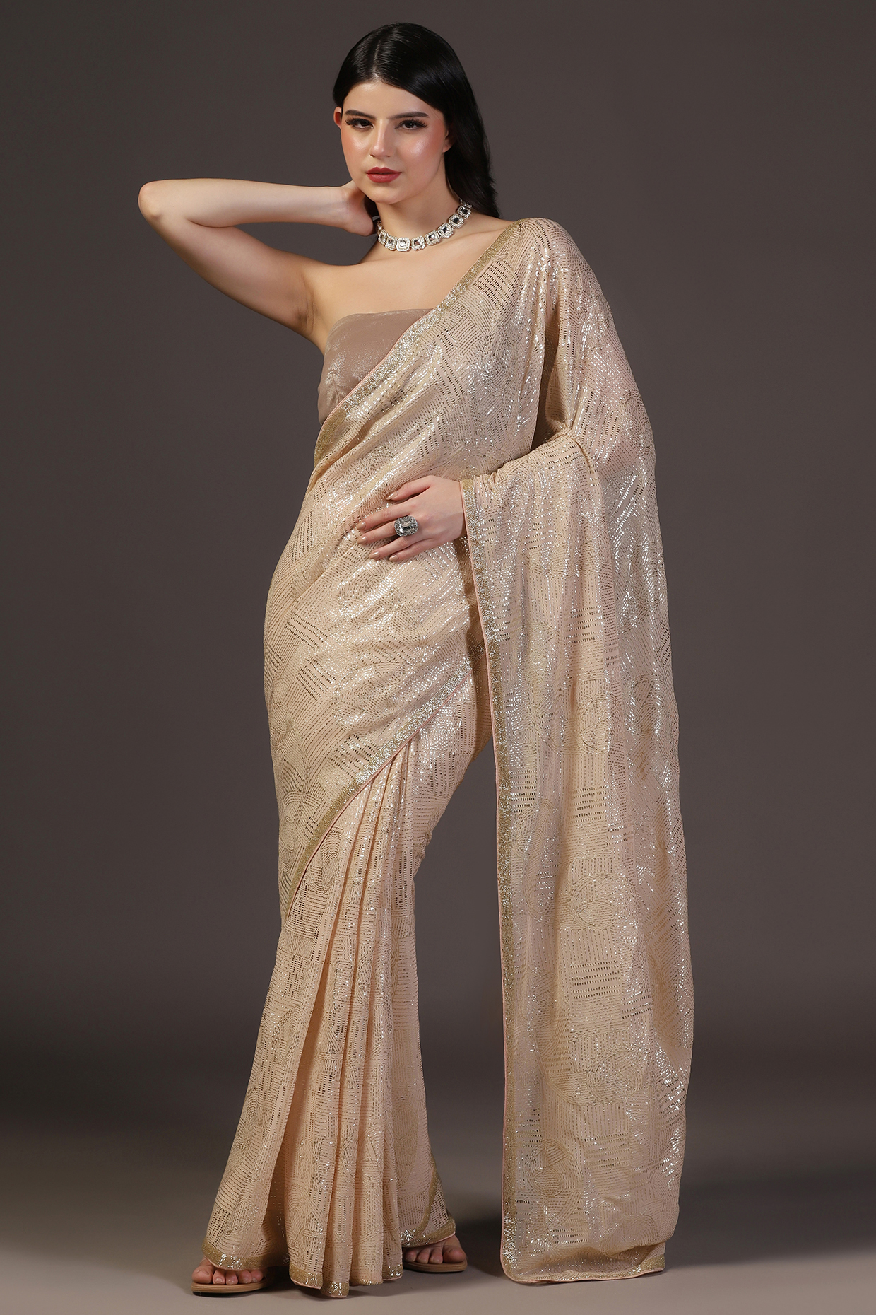 Pink Georgette Sequins Hand Embroidered Saree Set by Two Sisters By Gyans at Pernia's Pop Up Shop