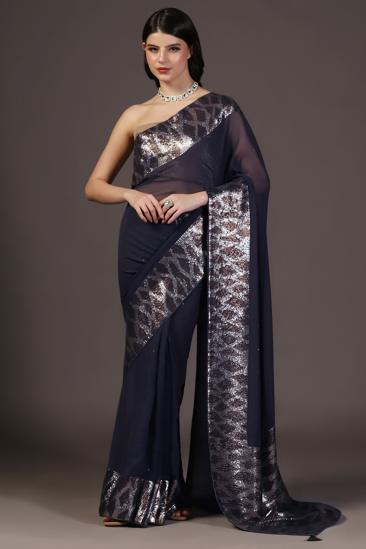 Black Georgette Sequins Hand Embroidered Saree Set by Two Sisters By Gyans at Pernia's Pop Up Shop