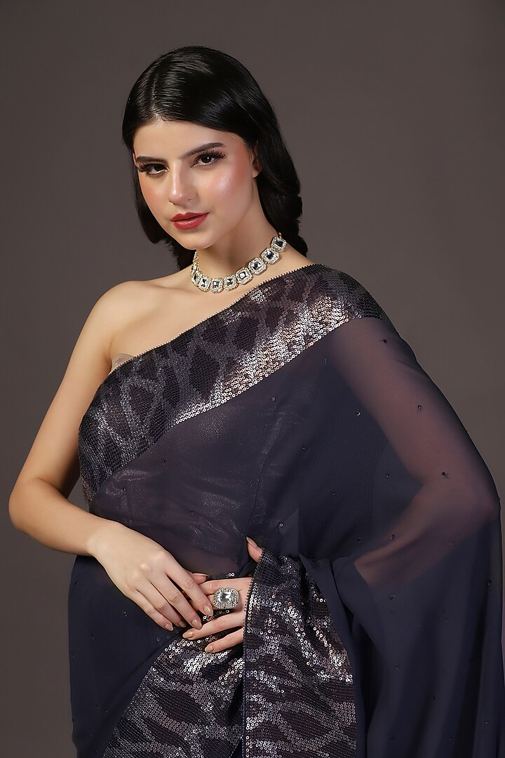 Black Georgette Sequins Hand Embroidered Wedding Saree Set by Two Sisters By Gyans at Pernia's Pop Up Shop