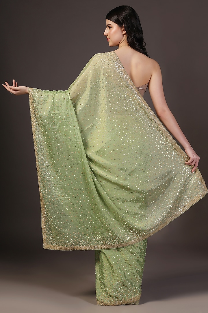 Green Georgette Sequins Embellished Wedding Saree Set by Two Sisters By Gyans at Pernia's Pop Up Shop