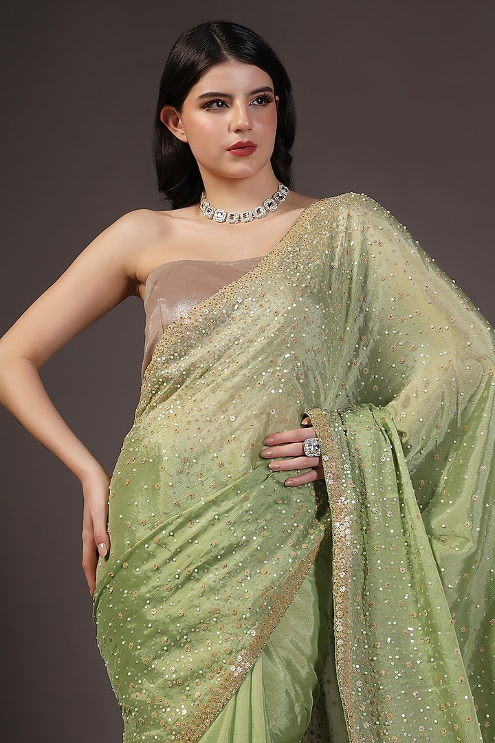 Green Georgette Sequins Embellished Wedding Saree Set by Two Sisters By Gyans at Pernia's Pop Up Shop