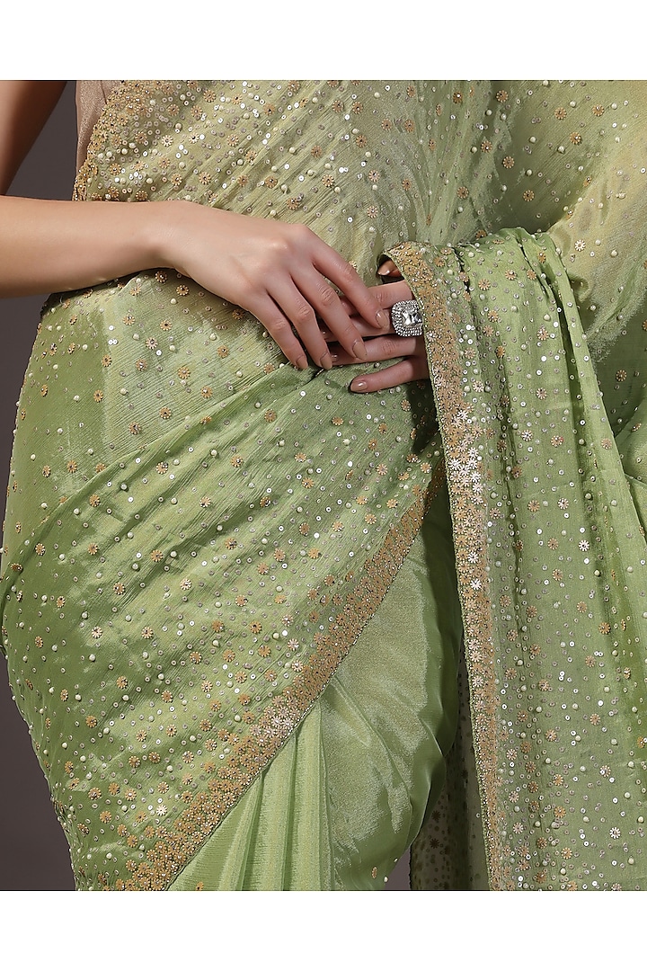 Green Georgette Sequins Embellished Wedding Saree Set by Two Sisters By Gyans at Pernia's Pop Up Shop