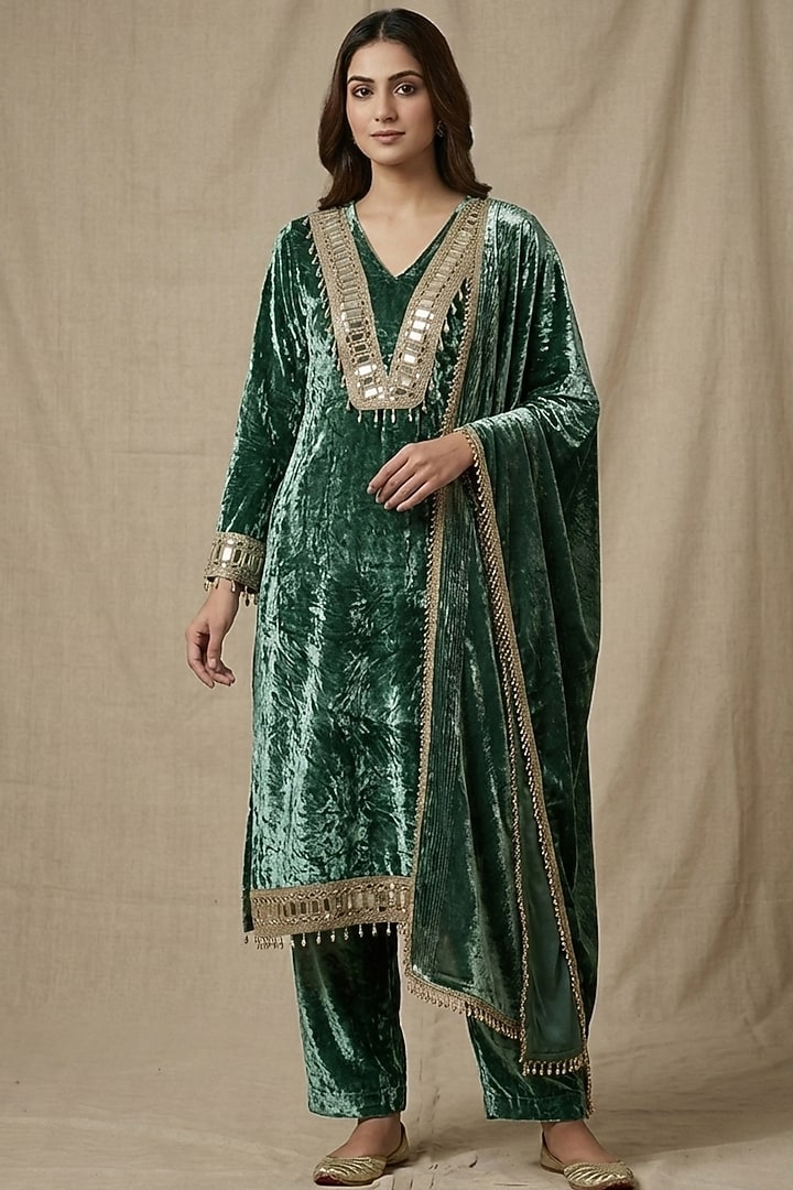 Green Velvet Mirror Embellished Kurta Set by Two Sisters By Gyans at Pernia's Pop Up Shop