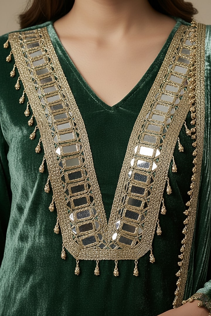 Green Velvet Mirror Embellished Kurta Set by Two Sisters By Gyans at Pernia's Pop Up Shop