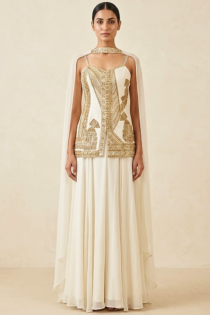 White Georgette Party Wear Sharara Set by Two Sisters By Gyans at Pernia's Pop Up Shop