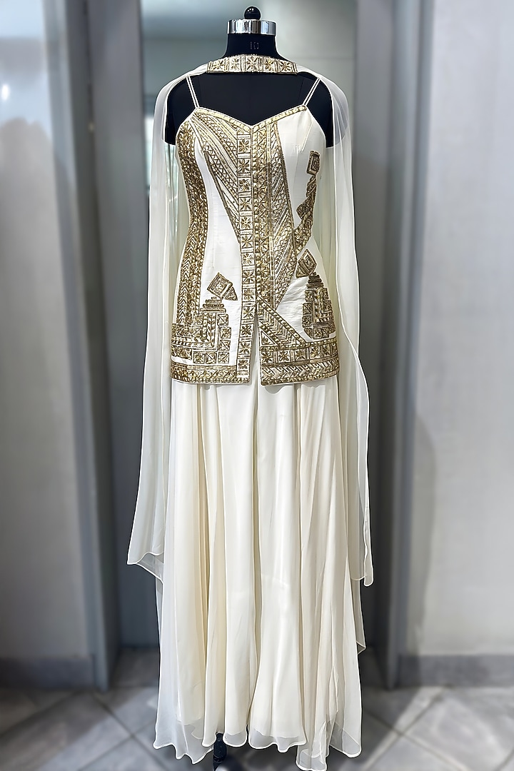 White Georgette Wedding Sharara Set by Two Sisters By Gyans at Pernia's Pop Up Shop