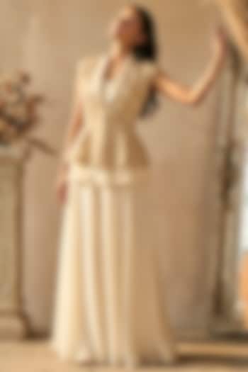 White Organza Tiered Ruffled Skirt Set by Two Sisters By Gyans at Pernia's Pop Up Shop