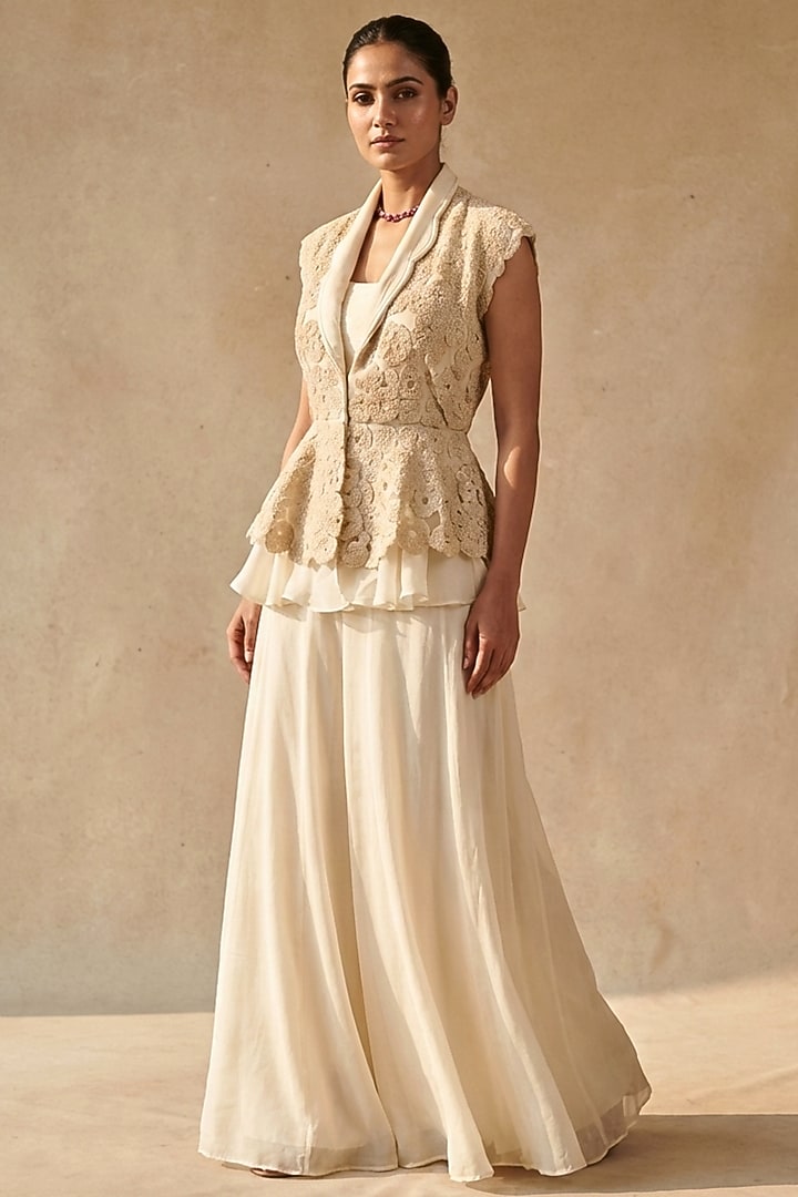 White Organza Tiered Ruffled Skirt Set by Two Sisters By Gyans at Pernia's Pop Up Shop