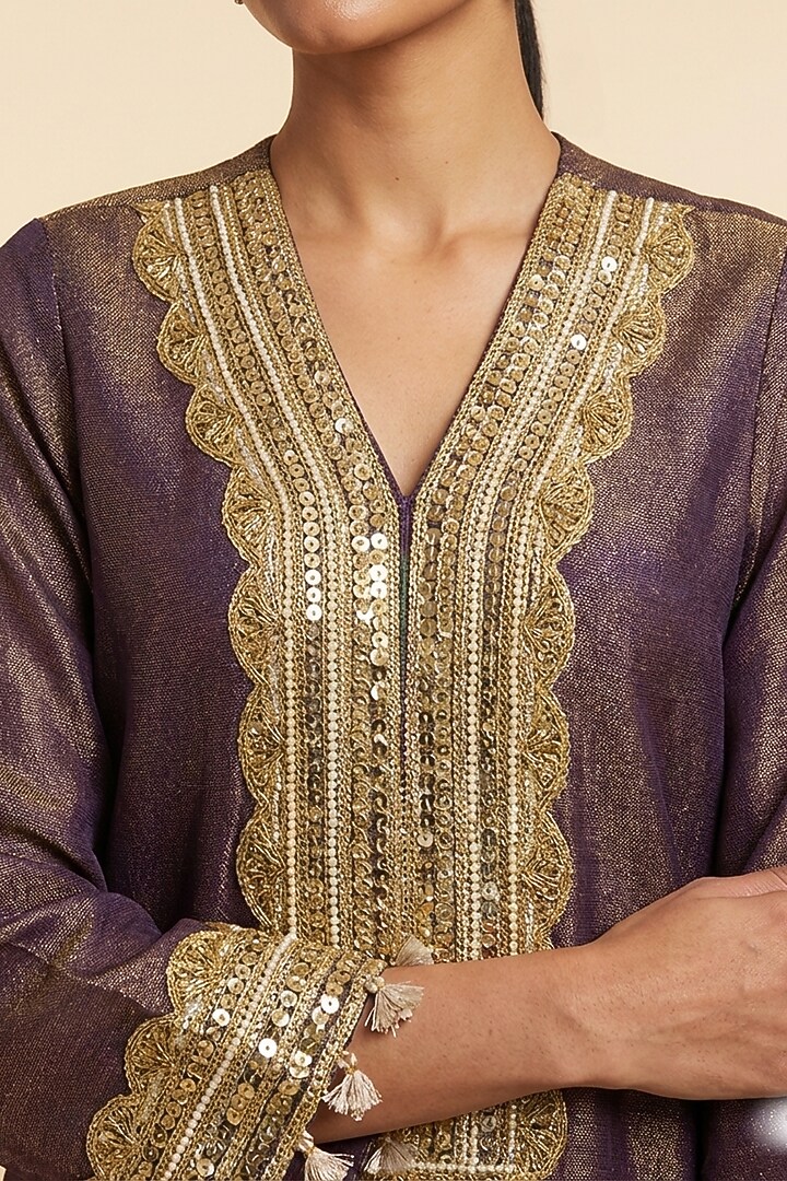 Purple Pure Tissue Zari Embroidered Kurta Set by Two Sisters By Gyans at Pernia's Pop Up Shop
