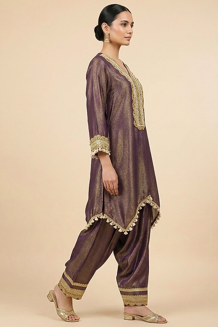 Purple Pure Tissue Zari Embroidered Kurta Set by Two Sisters By Gyans at Pernia's Pop Up Shop