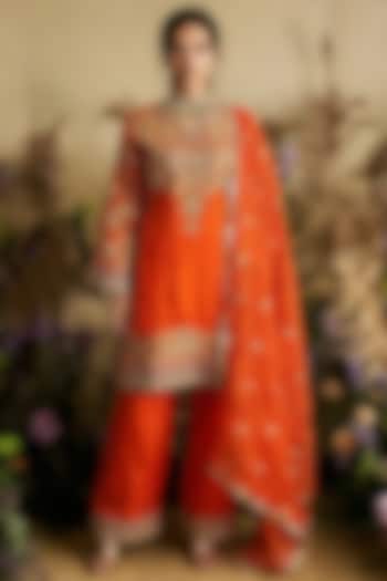 Burnt Orange Silk Zardosi Embroidered Kurta Set by Two Sisters By Gyans at Pernia's Pop Up Shop