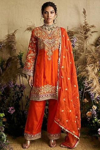 Burnt Orange Silk Zardosi Embroidered Kurta Set by Two Sisters By Gyans