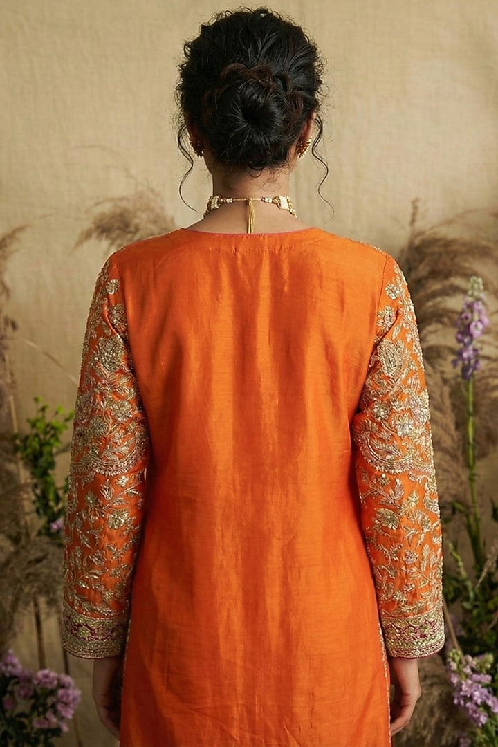 Burnt Orange Silk Zardosi Embroidered Kurta Set by Two Sisters By Gyans at Pernia's Pop Up Shop
