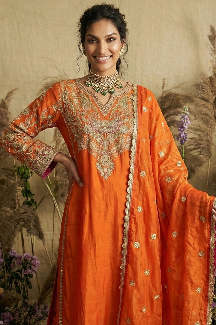 Burnt Orange Silk Zardosi Embroidered Kurta Set by Two Sisters By Gyans at Pernia's Pop Up Shop