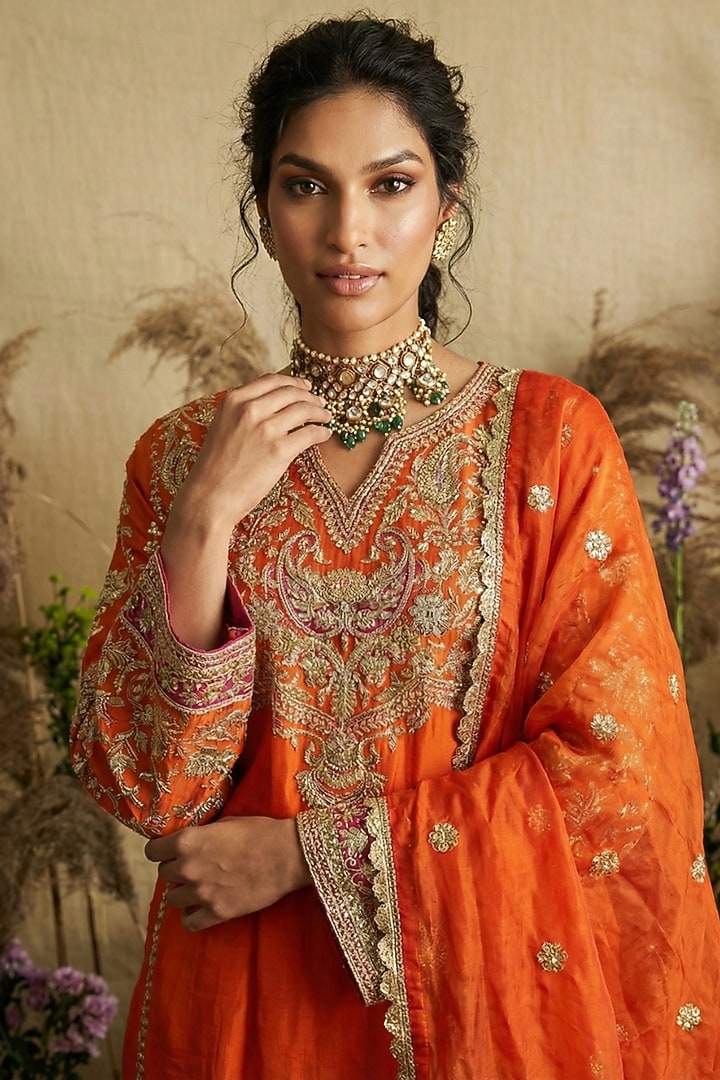 Burnt Orange Silk Zardosi Embroidered Kurta Set by Two Sisters By Gyans at Pernia's Pop Up Shop