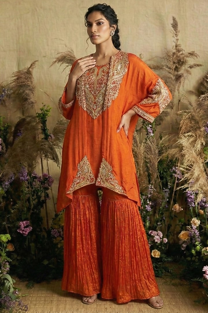 Burnt Orange Chiffon Wedding Sharara Set by Two Sisters By Gyans at Pernia's Pop Up Shop