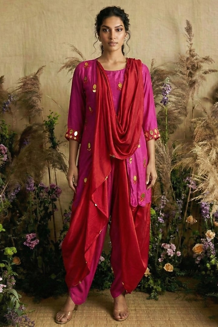 Magenta Silk Sequin Embroidered Kurta Set by Two Sisters By Gyans at Pernia's Pop Up Shop