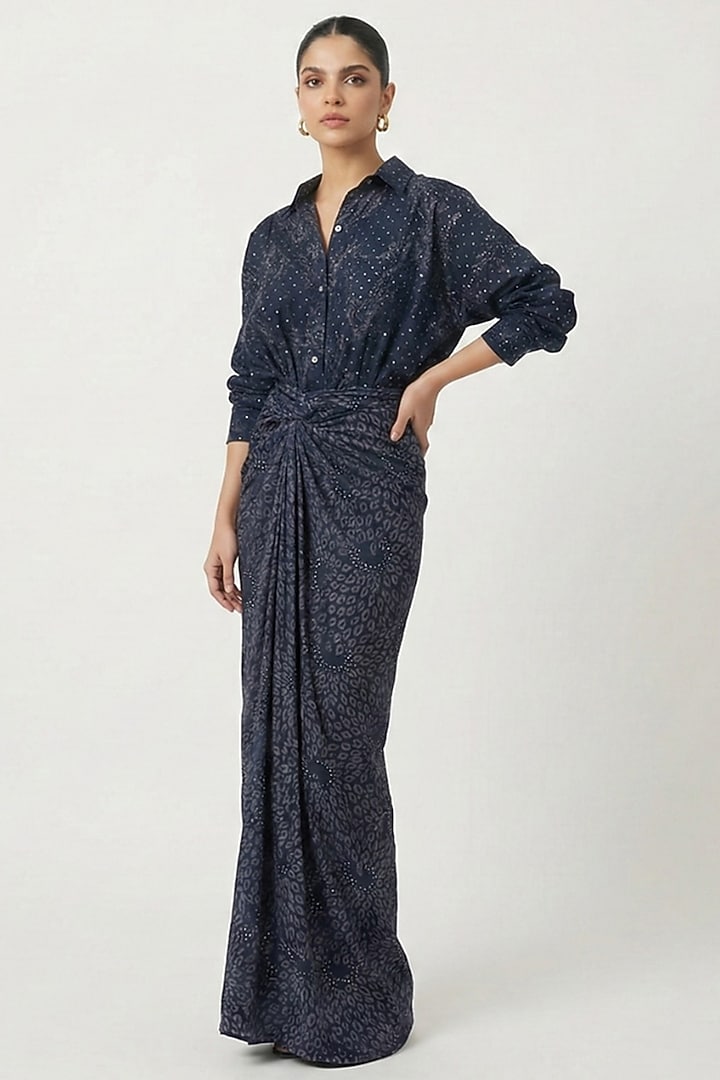 Blue Crepe Printed Wrap Skirt Set by Two Sisters By Gyans at Pernia's Pop Up Shop