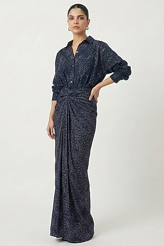 Blue Crepe Printed Wrap Skirt Set by Two Sisters By Gyans