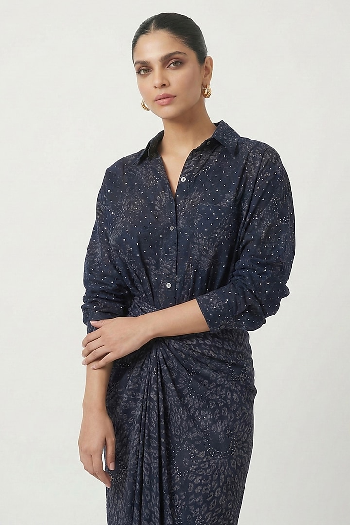 Blue Crepe Printed Wrap Skirt Set by Two Sisters By Gyans at Pernia's Pop Up Shop