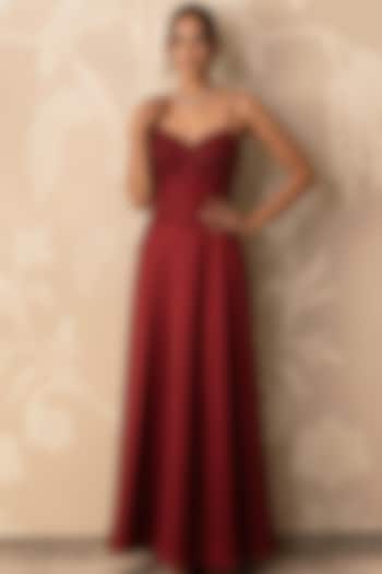 Crimson Red Satin Hand Embellished Engagement Gown by Two Sisters By Gyans at Pernia's Pop Up Shop